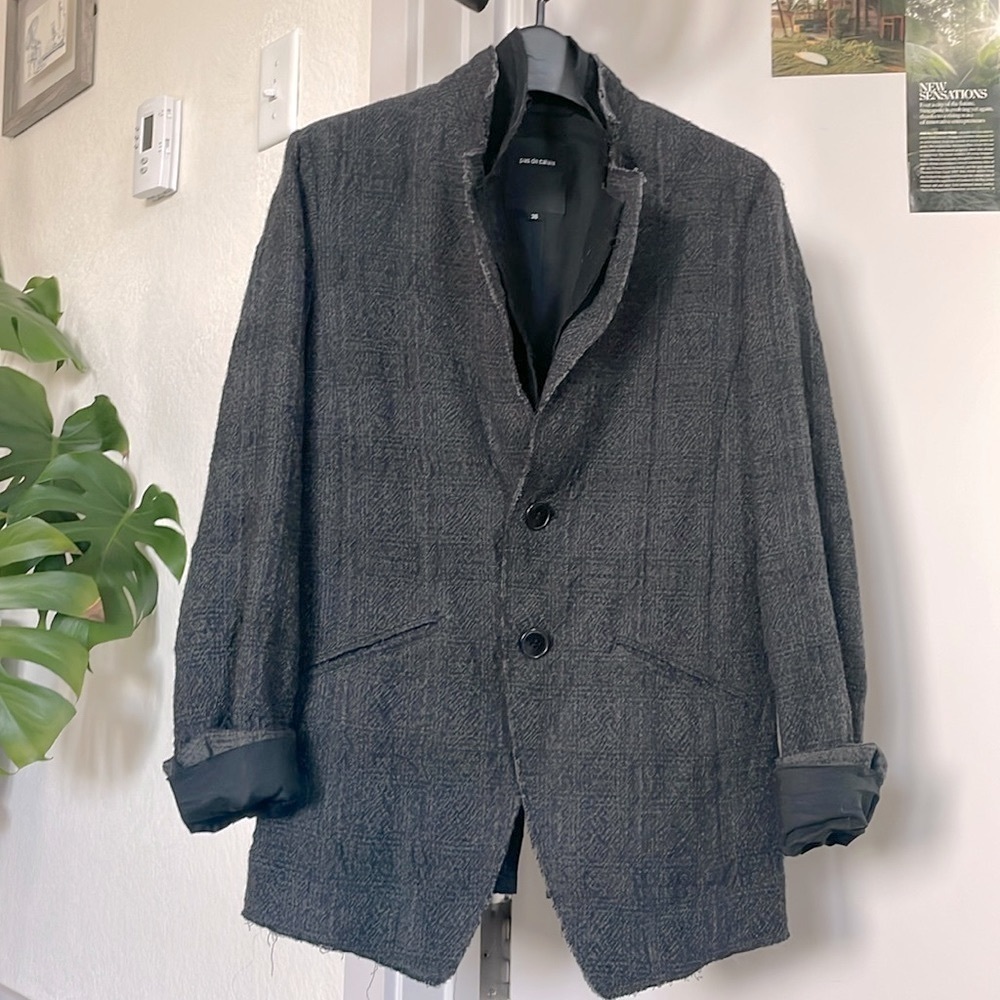 🐚PAS DE CALAIS Womens checkered Grey wool blend Raw Hem double layer Blazer 36